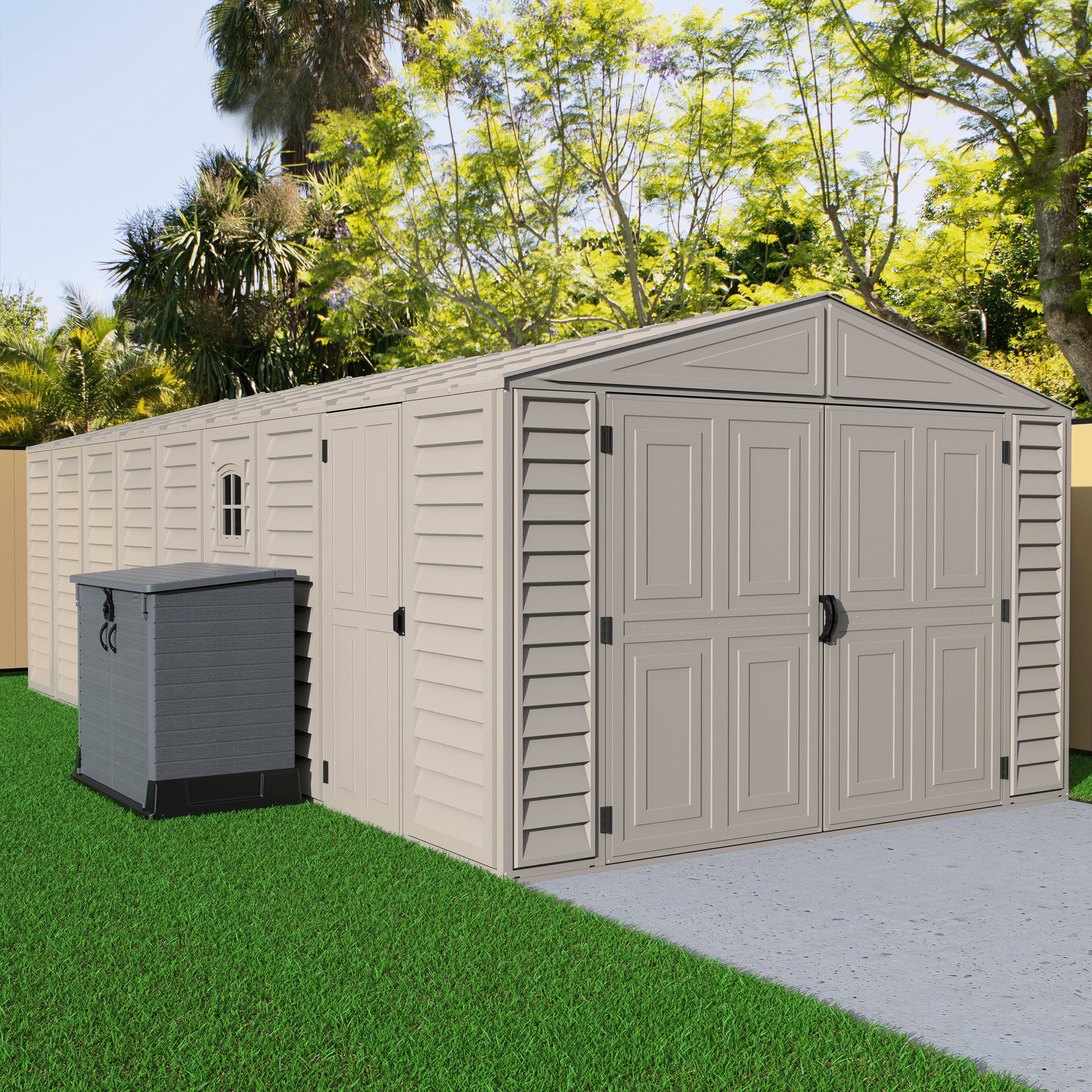 Duramax Garages DuraMax 10.5ft x 23ft Vinyl Garage with Foundation Kit and windows