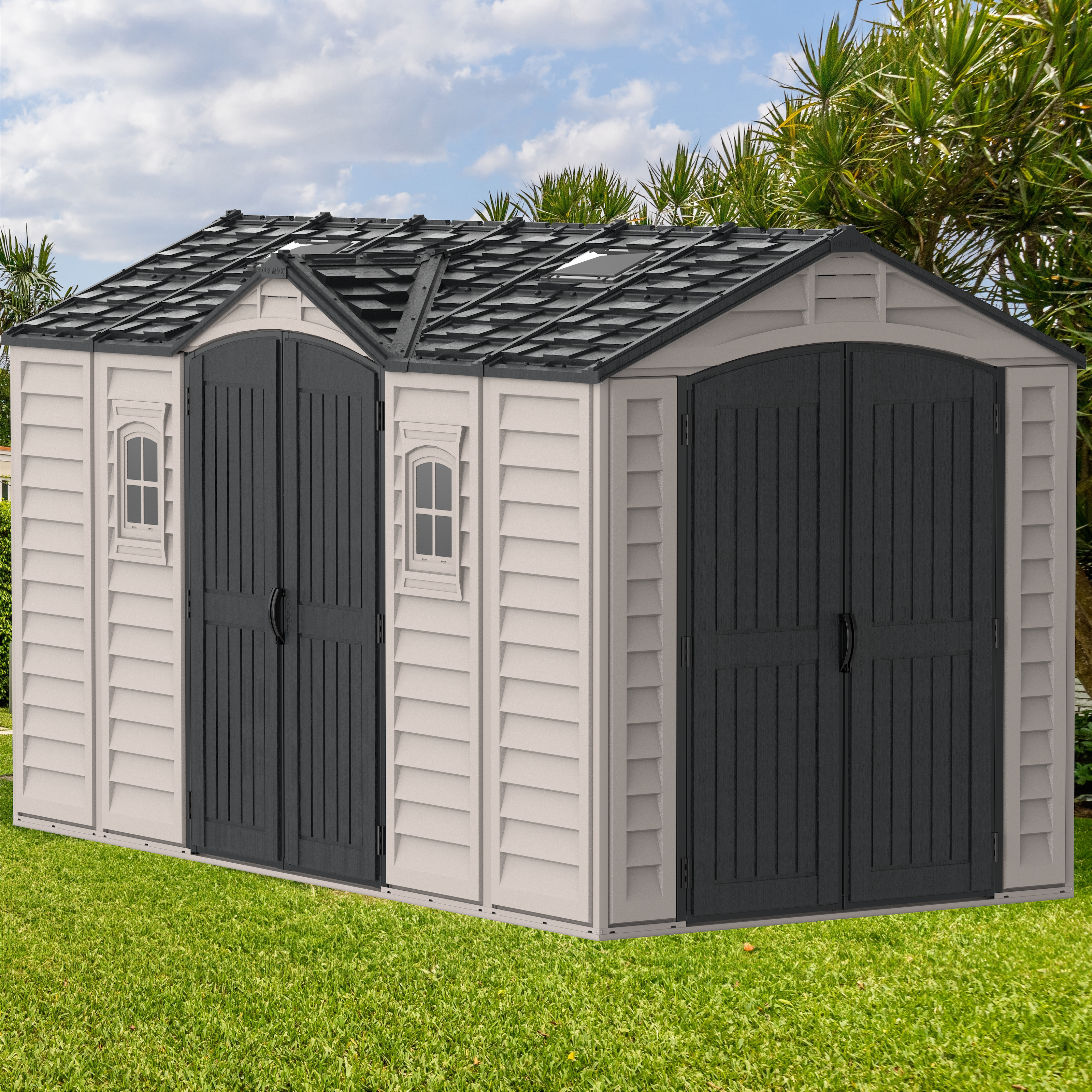 Duramax 15 x 8 Apex Pro Vinyl Shed with Foundation, 2 Windows and 2 Do