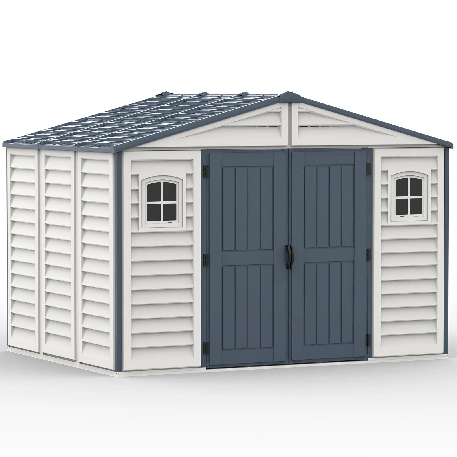 DuraMax RidgeLine vinyl outdoor storage shed photographed from the front angle