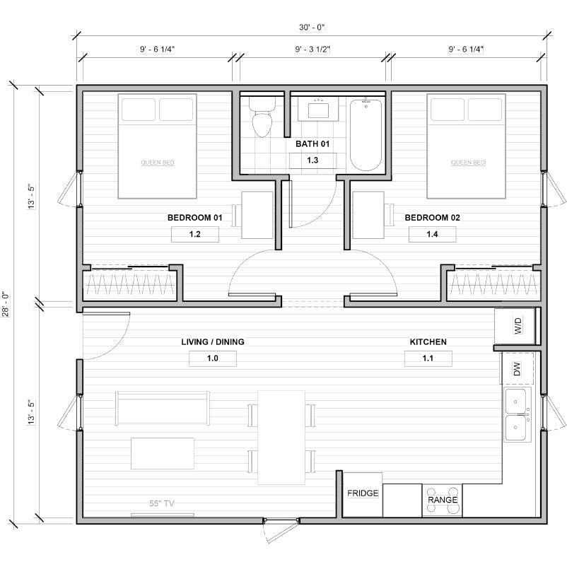 BOSS ADU BOSS 28' x 30' 800 Sqft Steel ADU | Modern Backyard Accessory Dwelling Unit | 2 Bedroom Basic