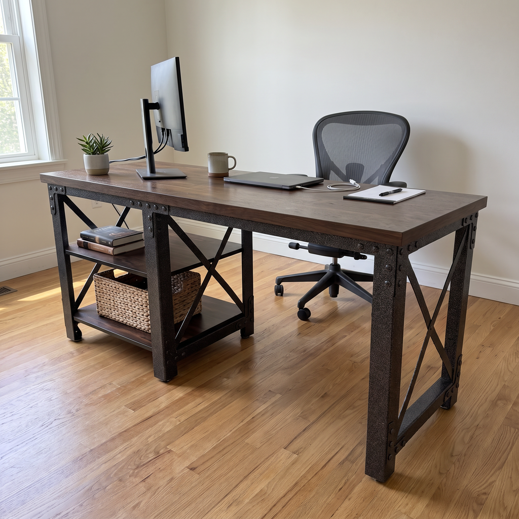 Duramax Industrial Tables & Desks Duramax Weston 72" Industrial Desk with Solid Acacia Wood Top & Open Shelves
