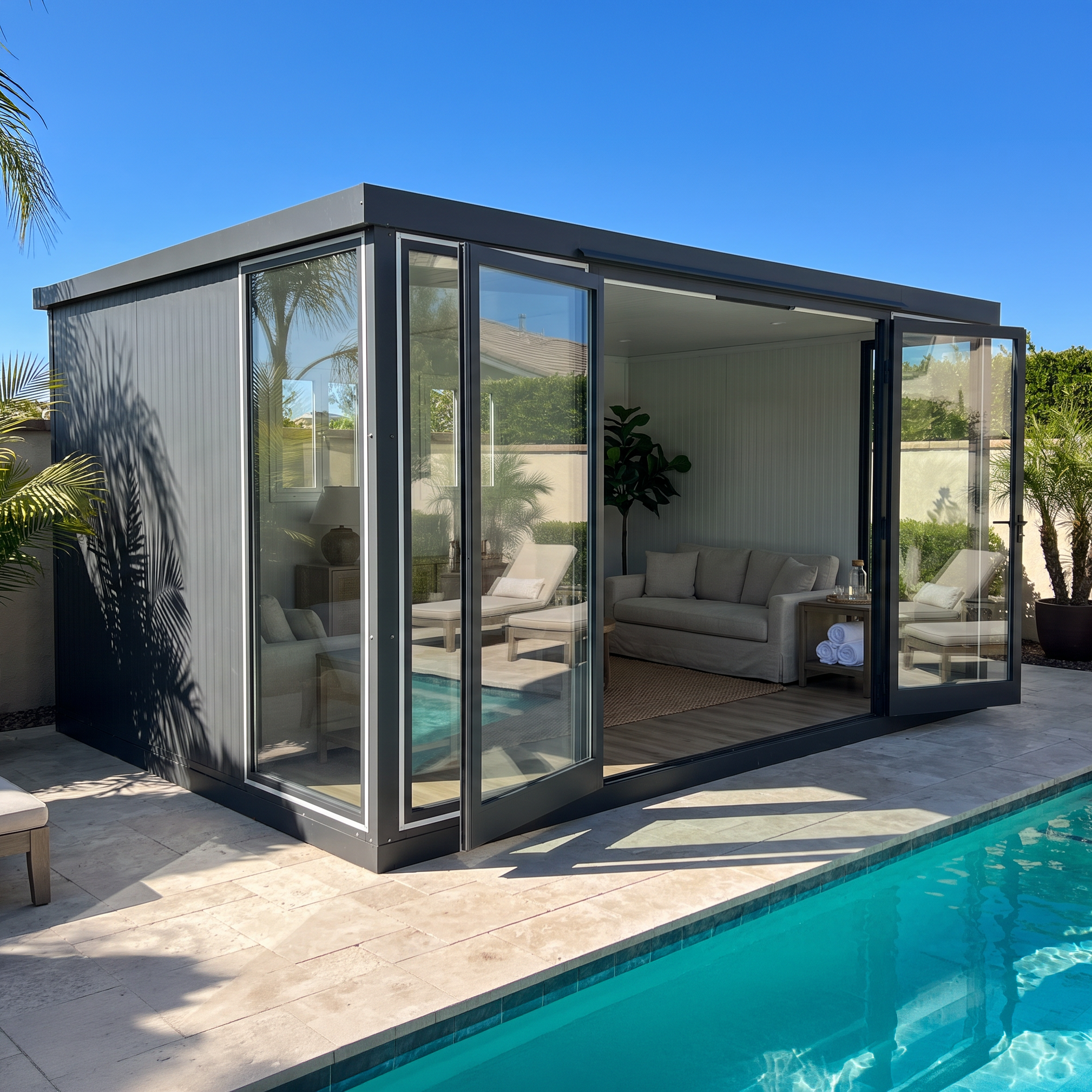 DuraMax 13x10 Garden Glass Room poolside lounge with glass doors open