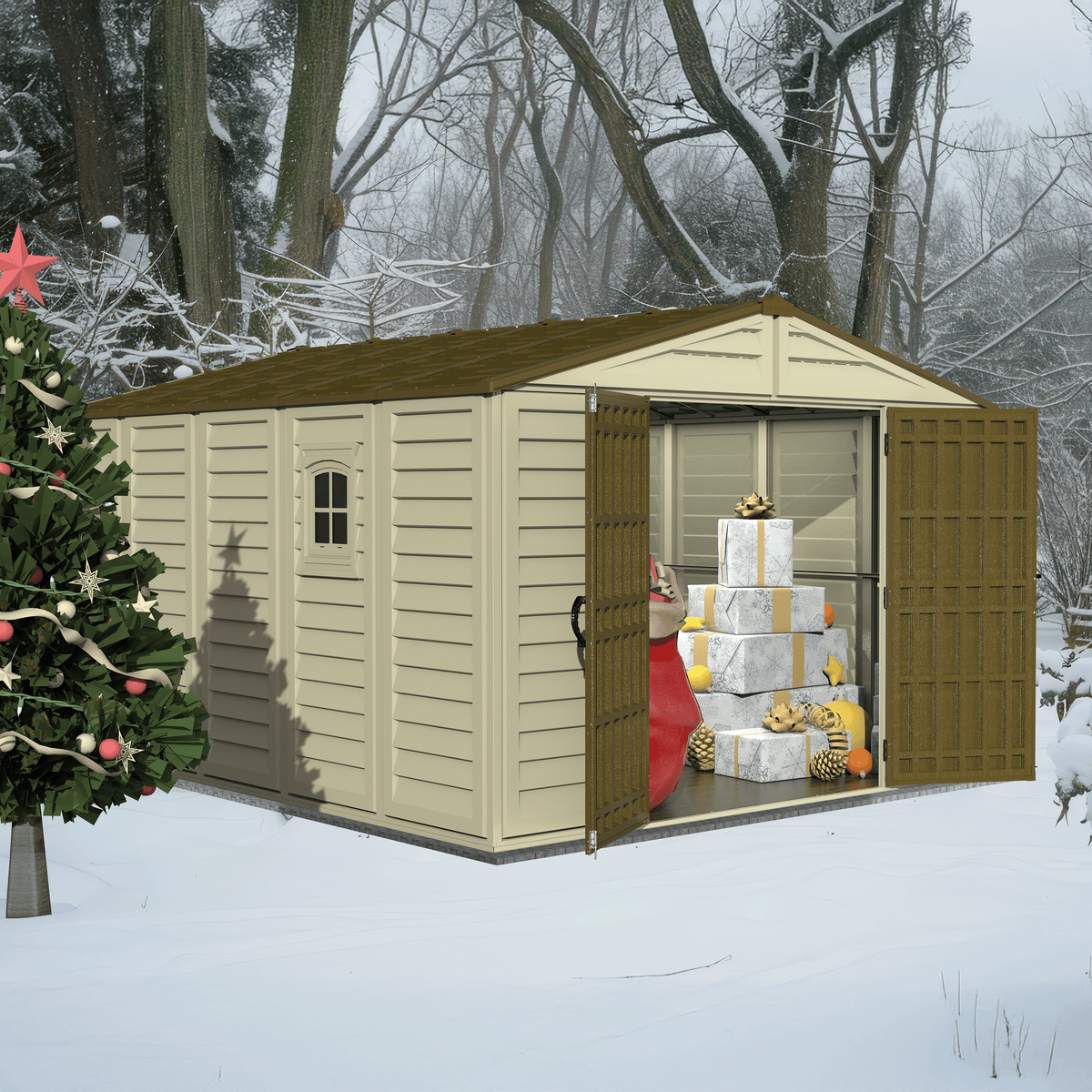 DuraMax 10.5ft x 13ft Woodbridge Plus Vinyl Shed w/ Foundation Kit & W ...
