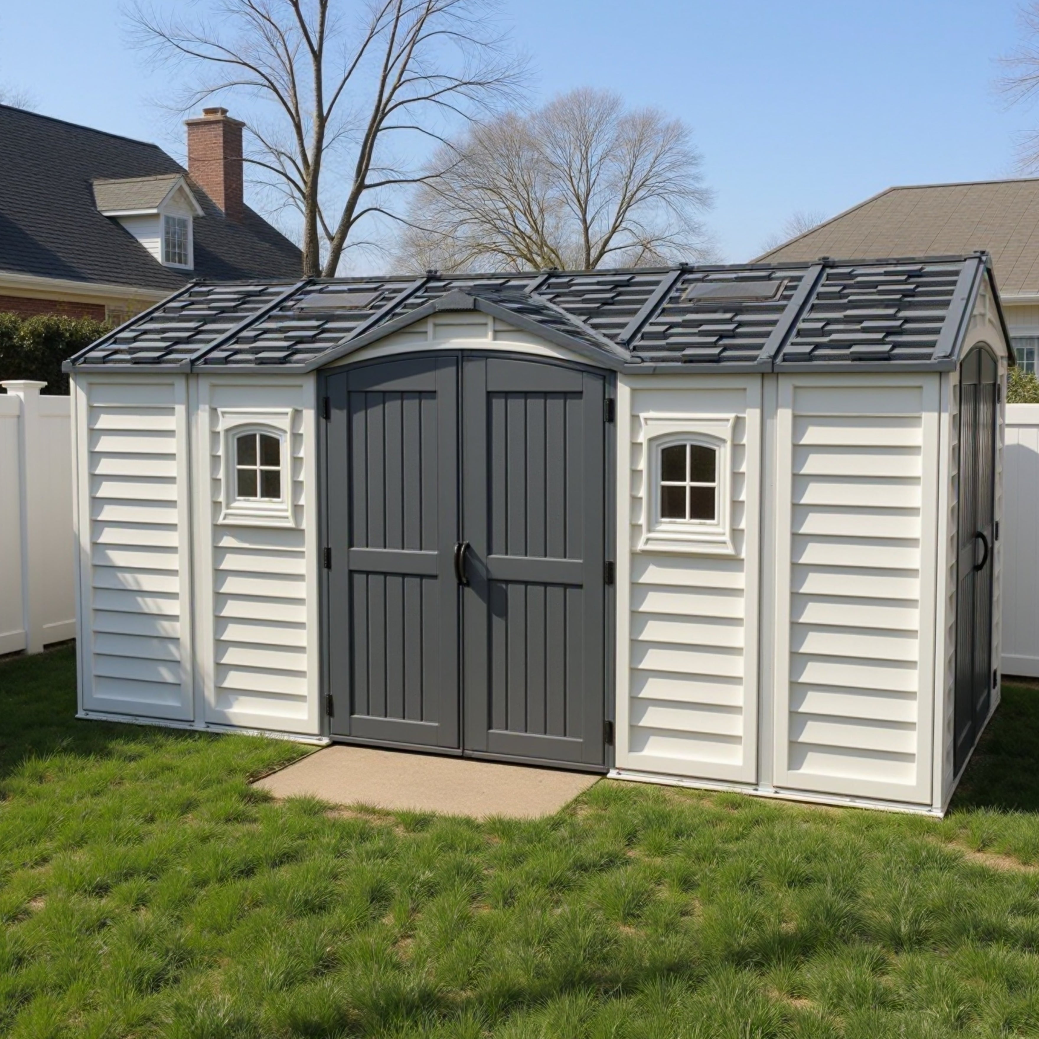 Duramax Vinyl Sheds Duramax 15 x 8 Apex Pro Vinyl Shed with Foundation, 2 Windows and 2 Doors 40216