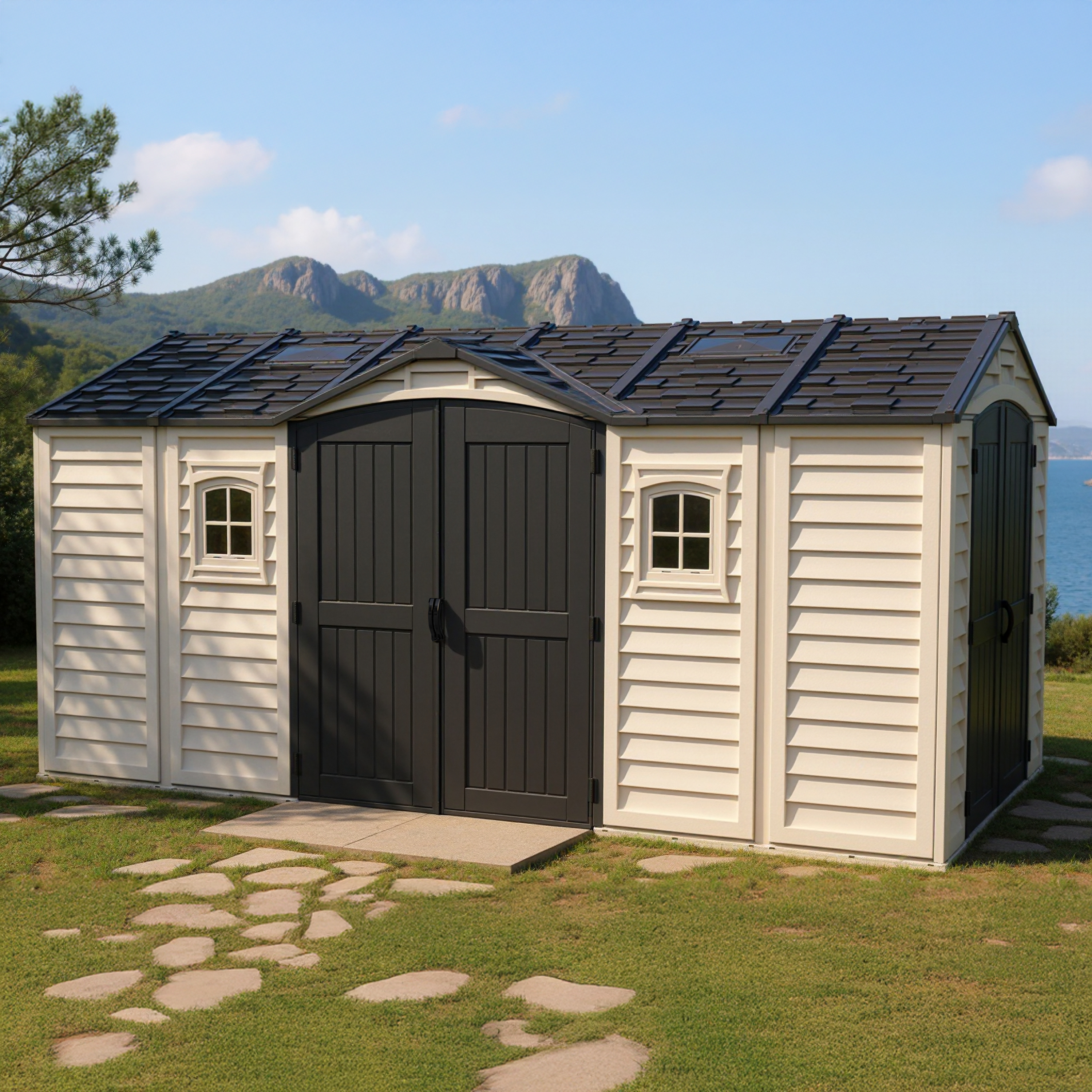 Duramax Vinyl Sheds Duramax 15 x 8 Apex Pro Vinyl Shed with Foundation, 2 Windows and 2 Doors 40216