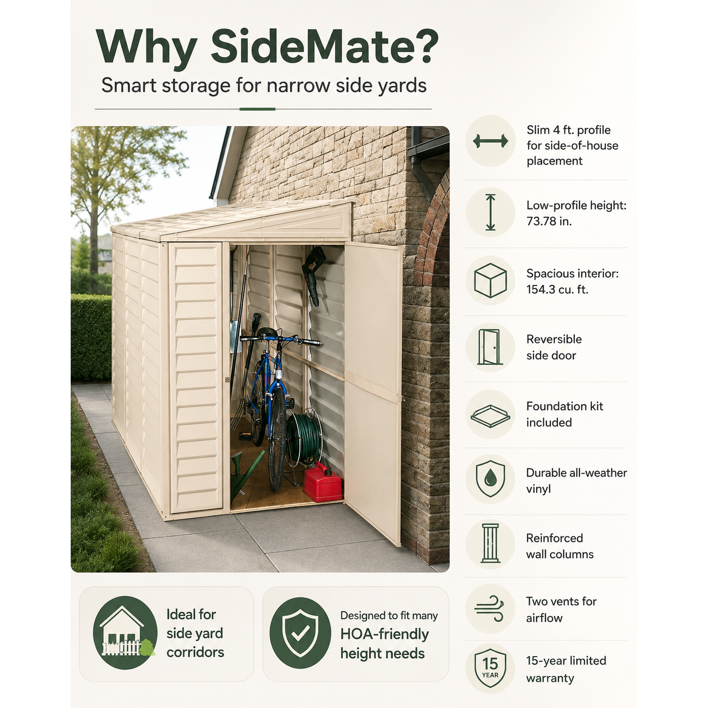 Duramax Vinyl Sheds DuraMax 4' x 8' SideMate Low-Profile Lean-To Vinyl Storage Shed for Side Yards with Foundation Kit – Ivory