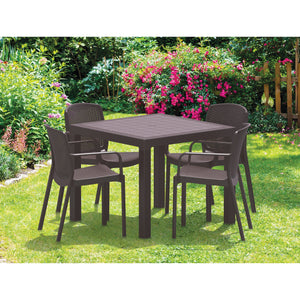 Durasheds Duramax Rattan Square Table with 4 Duramax Armchairs for the Backyard, Garden and Patio (2 Colors)
