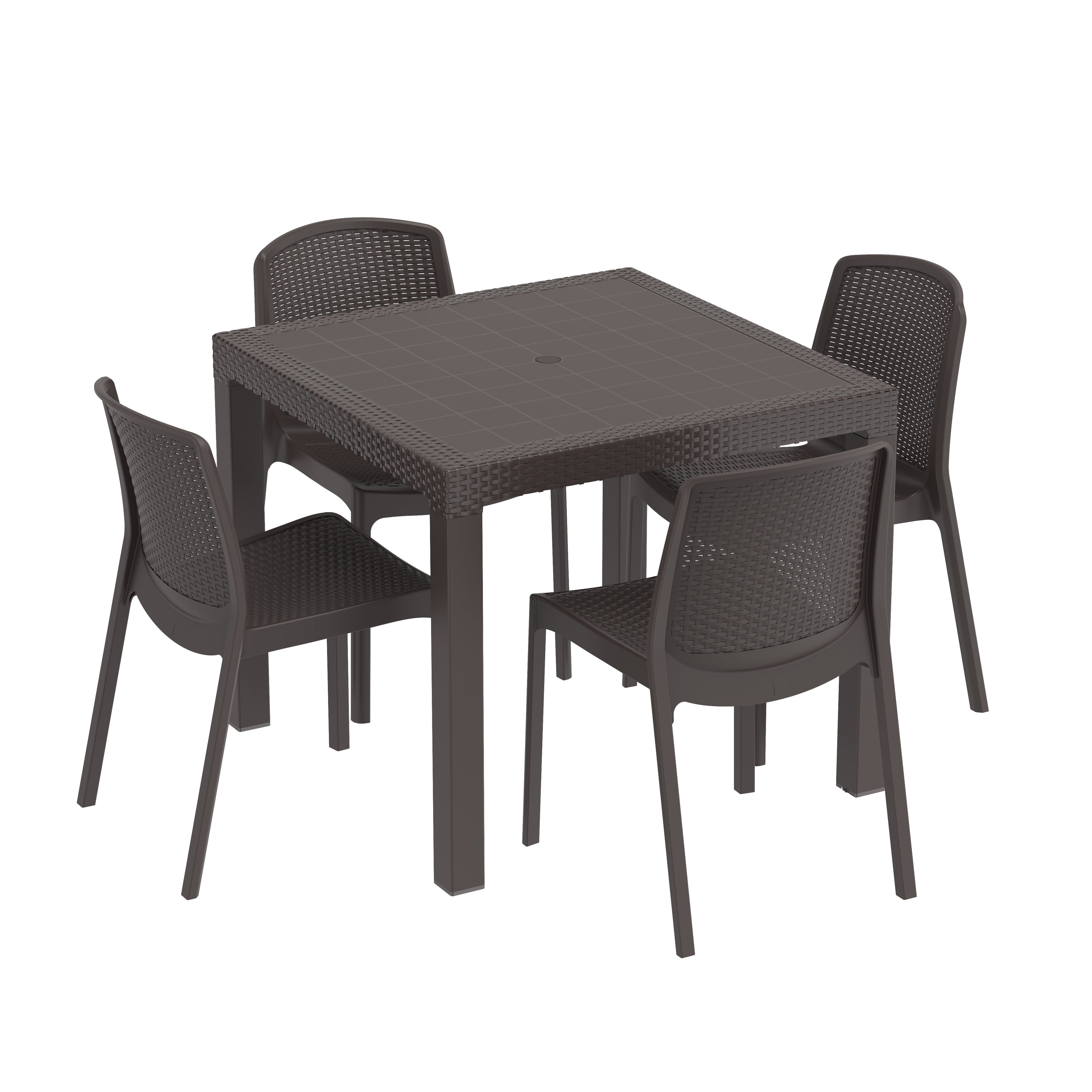 Durasheds Duramax Rattan Square Table with 4 Duramax Chairs for the Backyard, Garden and Patio (2 Colors)